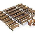 Multiple Wooden Desks Arranged in Rows with Office Supplies on Surface 3d model