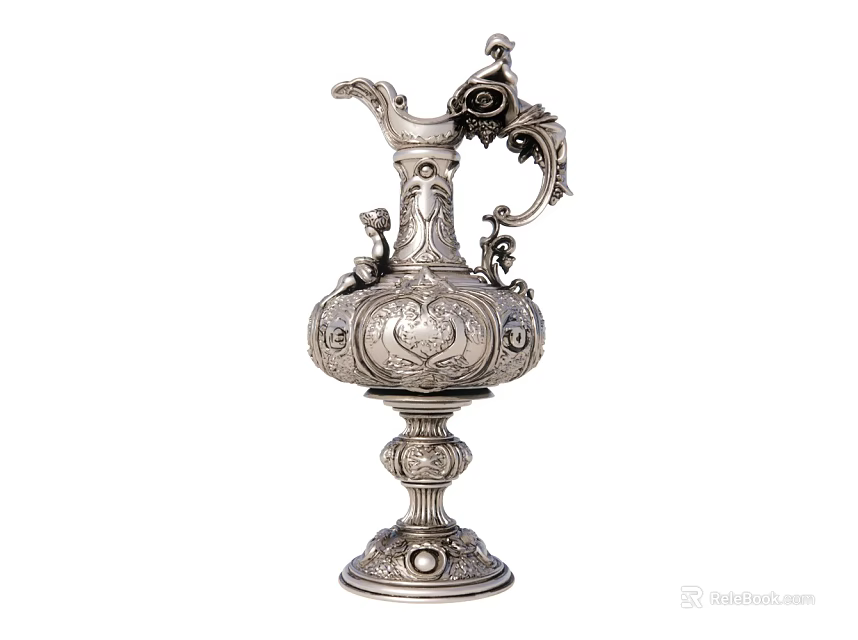 Antique Silver Ewer With Ornate Carved Design Decorative Handle And Base 3d model 