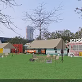 Scenic Urban Park Landscape With Green Grass Tents Ice Cream Trucks And Tall Buildings
