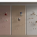 Colorful Three Tone Pegboard Wall Decor with Small Dolls and Wooden Shelves