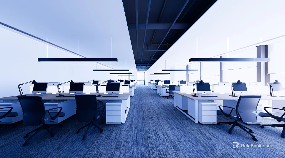 Modern Office Interior With Spacious Layout Desks Computers Chairs Gray Carpet And Hanging Lights 3d model