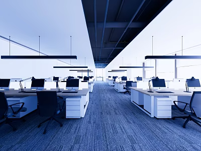 Modern Office Interior With Spacious Layout Desks Computers Chairs Gray Carpet And Hanging Lights 3d model
