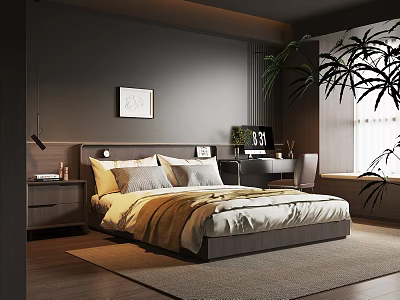 Modern Bedroom With Dark Walls Wooden Flooring Bed Gray Pillows Green Plant And Natural Light 3d model