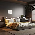 Modern Bedroom With Dark Walls Wooden Flooring Bed Gray Pillows Green Plant And Natural Light