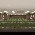 Spacious Auditorium Interior With Green Seats Wooden Walls And Ceiling Lights