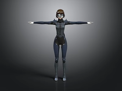 3D Character Model In Dark Bodysuit With Goggles And Armor Standing Arms Outstretched 3d model