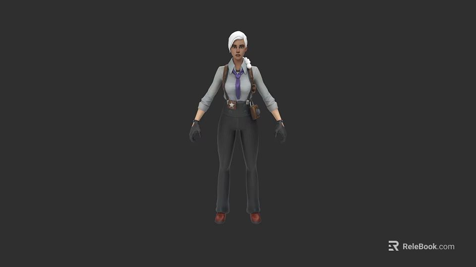 Woman With White Headscarf Purple Tie Gray Shirt Black Pants And Red Shoes 3d model 