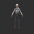 Woman With White Headscarf Purple Tie Gray Shirt Black Pants And Red Shoes