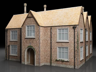Brick Detached House With Yellow Roof Arched Door White Windows Chimneys And Ivy On Walls 3d model