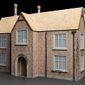 Brick Detached House With Yellow Roof Arched Door White Windows Chimneys And Ivy On Walls