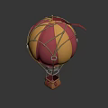Colorful Red And Yellow Striped Hot Air Balloon With Wicker Basket