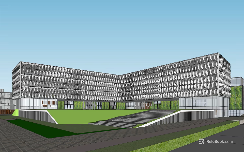 Modern Building With Glass Facade Geometric Pattern And Central Courtyard Lawn Steps 3d model