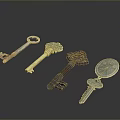 Various Styles Of Household Keys With Vintage Modern Designs And Round Pendant