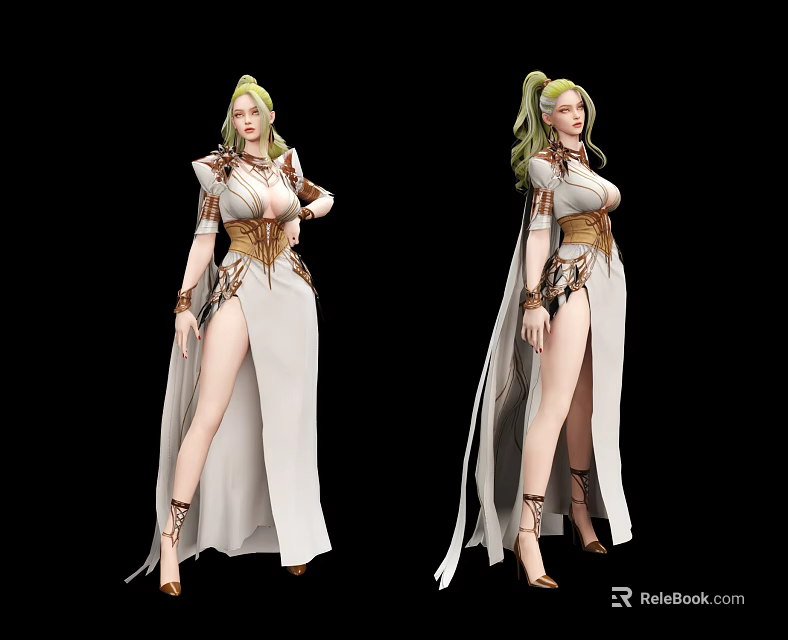 Elegant Game Movie Female Character with Green Hair White Robe High Slit and Golden Accents 3d model 