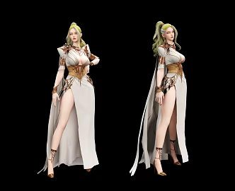 Modern Game Character Virtual Character Sexy Beauty Yujie High Fork Long Dress Cape Queen Princess Ponytail 3d model