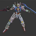 Robot Action Figure With White Blue Red Armor Standing In Action Pose And Long Sword