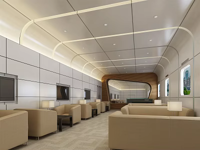 Modern Café Interior With Beige Sofas TVs Wooden Decor And Lighting 3d model