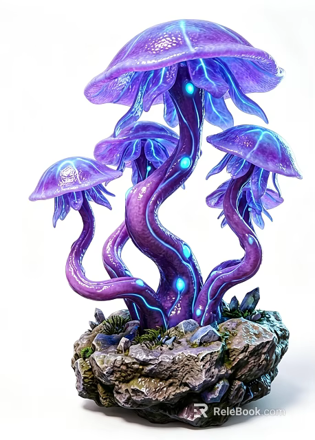 Vibrant Purple Jellyfish Like Plant With Glowing Blue Accents Stones And Moss At The Base 3d model 