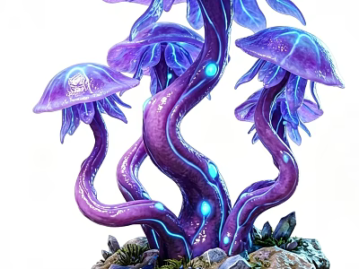 Vibrant Purple Jellyfish Like Plant With Glowing Blue Accents Stones And Moss At The Base 3d model