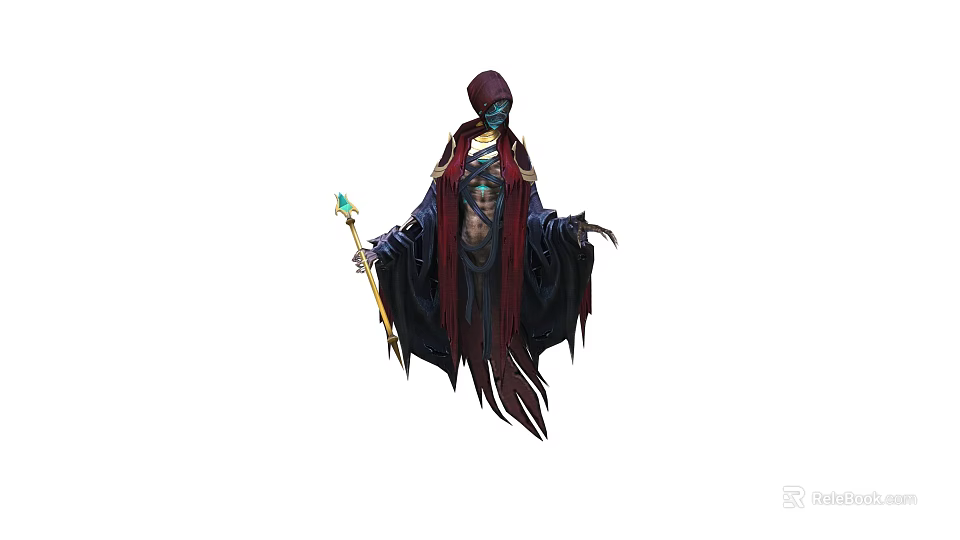 Hooded Mystical Mage Character In Dark Robe With Glowing Staff Orb 3d model 