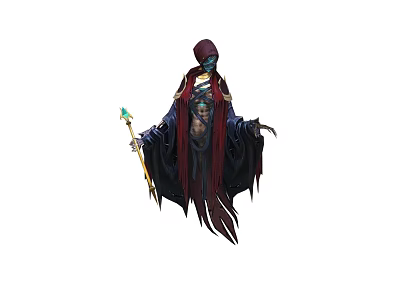 Hooded Mystical Mage Character In Dark Robe With Glowing Staff Orb 3d model