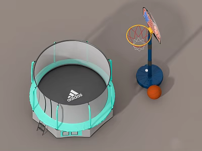 Outdoor Sports Equipment Featuring Adidas Circular Trampoline With Ladder And Standing Basketball Hoop With Basketball 3d model