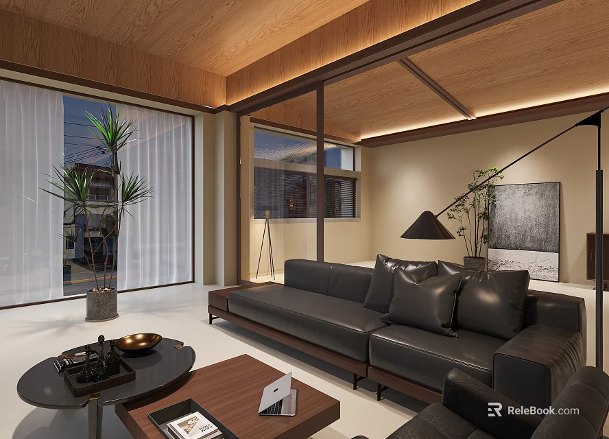 Modern Living Room Interior With Black Leather Sofa Wooden Coffee Table Plants And Wooden Ceiling 3d model 