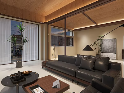 Modern Living Room Interior With Black Leather Sofa Wooden Coffee Table Plants And Wooden Ceiling 3d model