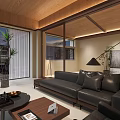 Modern Living Room Interior With Black Leather Sofa Wooden Coffee Table Plants And Wooden Ceiling