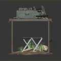 Green Tactical Weapon Placed On Metal Table With Branches And Dirt