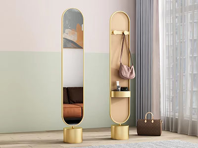 Modern Gold Frame Floor Mirror With Shelf And Decorative Bags In Interior 3d model