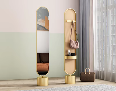 Modern Gold Frame Floor Mirror With Shelf And Decorative Bags In Interior 3d model