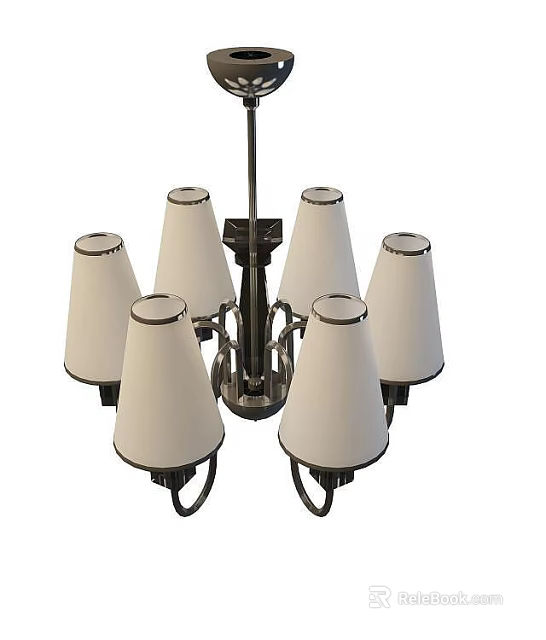 Tech Exhibition Hall Featuring Modern Chandelier With Six White Lampshades And Silver Decorative Edges 3d model 