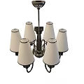 Tech Exhibition Hall Featuring Modern Chandelier With Six White Lampshades And Silver Decorative Edges