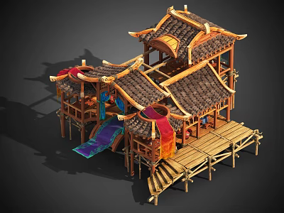 Traditional Chinese Wooden Architecture with Overhanging Eaves Tile Roof Bamboo Platform and Red Decorations 3d model