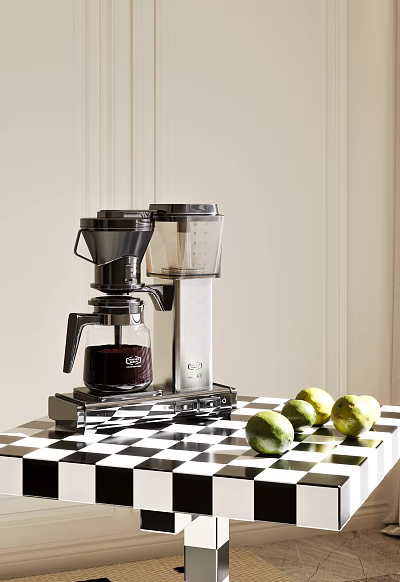 Stylish Modern Kitchen Coffee Maker Appliance On Counter With Fresh Limes 3d model