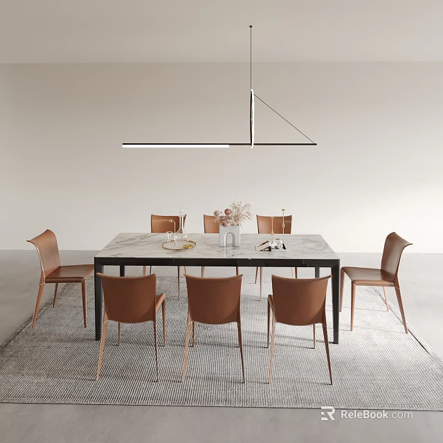 Modern Dining Table Set With Marble Top Brown Leather Chairs And Hanging Light 3d model