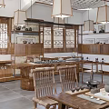 Traditional Chinese Tea House Interior Design With Carved Ceiling Pendant Lights And Wooden Furniture