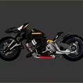 Futuristic Motorcycle with Sleek Black Reflective Body Yellow Accents Thick Tires Blue LED Wheel Lights