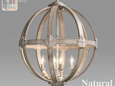 Natural White Wooden Spherical Chandelier With Leaf Decoration And Candle Lights 3d model