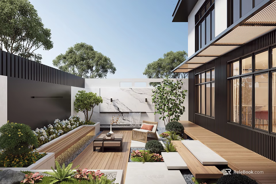 Courtyard Garden With Wooden Deck Lush Greenery Cozy Seating And Decorative Painting 3d model 