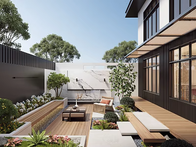 Courtyard Garden With Wooden Deck Lush Greenery Cozy Seating And Decorative Painting 3d model