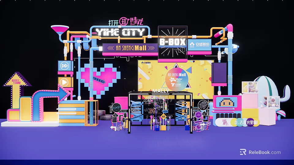 YIKE CITY Photo Check-in Spot with 8-BOX Neon Lights Pixel Art Heart and Colorful Installations 3d model 