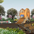 Orange Butterfly Shaped Climbing Structure In Children's Outdoor Playground With Trees