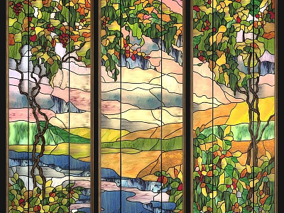 Stained Glass Window with Vines Leaves Berries and Scenic Landscape Design 3d model