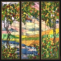 Stained Glass Window with Vines Leaves Berries and Scenic Landscape Design