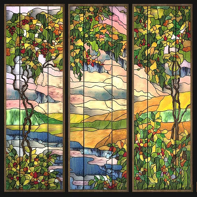 Stained Glass Window with Vines Leaves Berries and Scenic Landscape Design 3d model