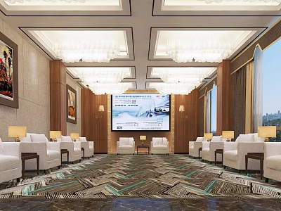 Luxurious Hotel Public Lounge Area With Chandeliers White Sofas And City View Windows 3d model
