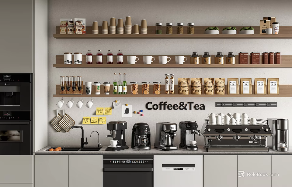 Modern Kitchen Kitchenware Setup With Coffee Tea Espresso Machines Cups Jars And Open Shelves 3d model