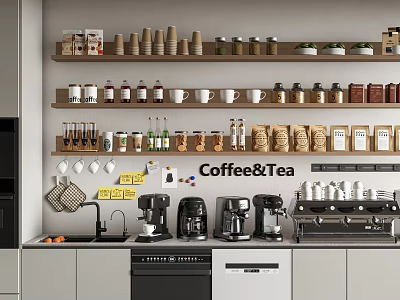 Modern Kitchen Kitchenware Setup With Coffee Tea Espresso Machines Cups Jars And Open Shelves 3d model